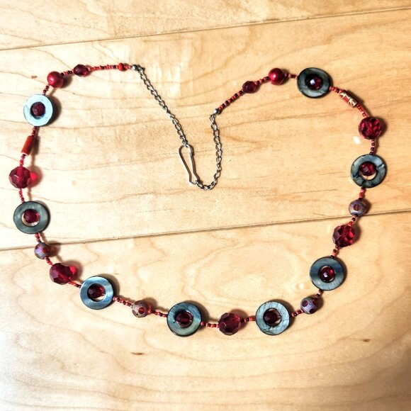 Handcrafted Jewelry - Handcrafted Necklace with Red Faceted and Round Beads Grey Mother of Pearl MOP